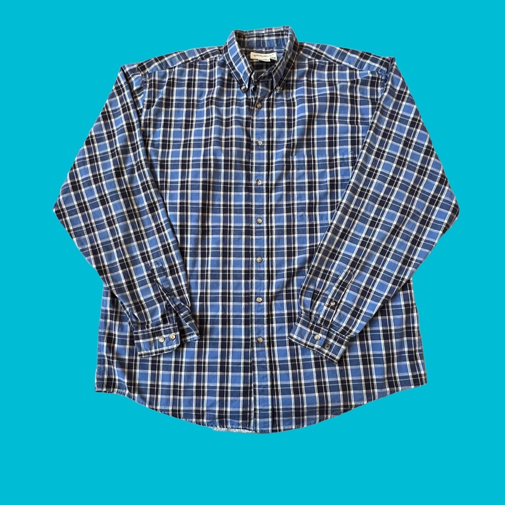 Eddie Bauer Flannel Button Shirt Blue Plaid 100% Cotton Men Size XL Tall / XLT